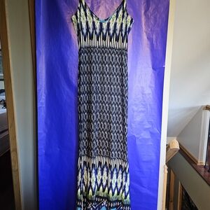White Mark Blue and Green Geometric Maxi Dress